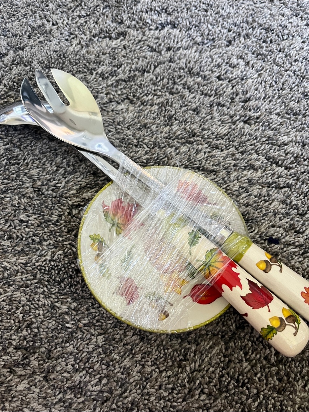 Temptations Cream Handles with Red Floral Autumn Salad Servers and small dish.